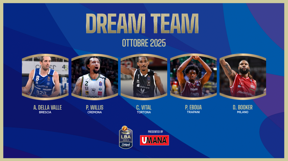 Amedeo Della Valle, Payton Willis, Christian Vital, Paul Eboua e Devin Booker compongono il Dream Team UMANA del mese di ottobre della Serie A Unipol 2025/26